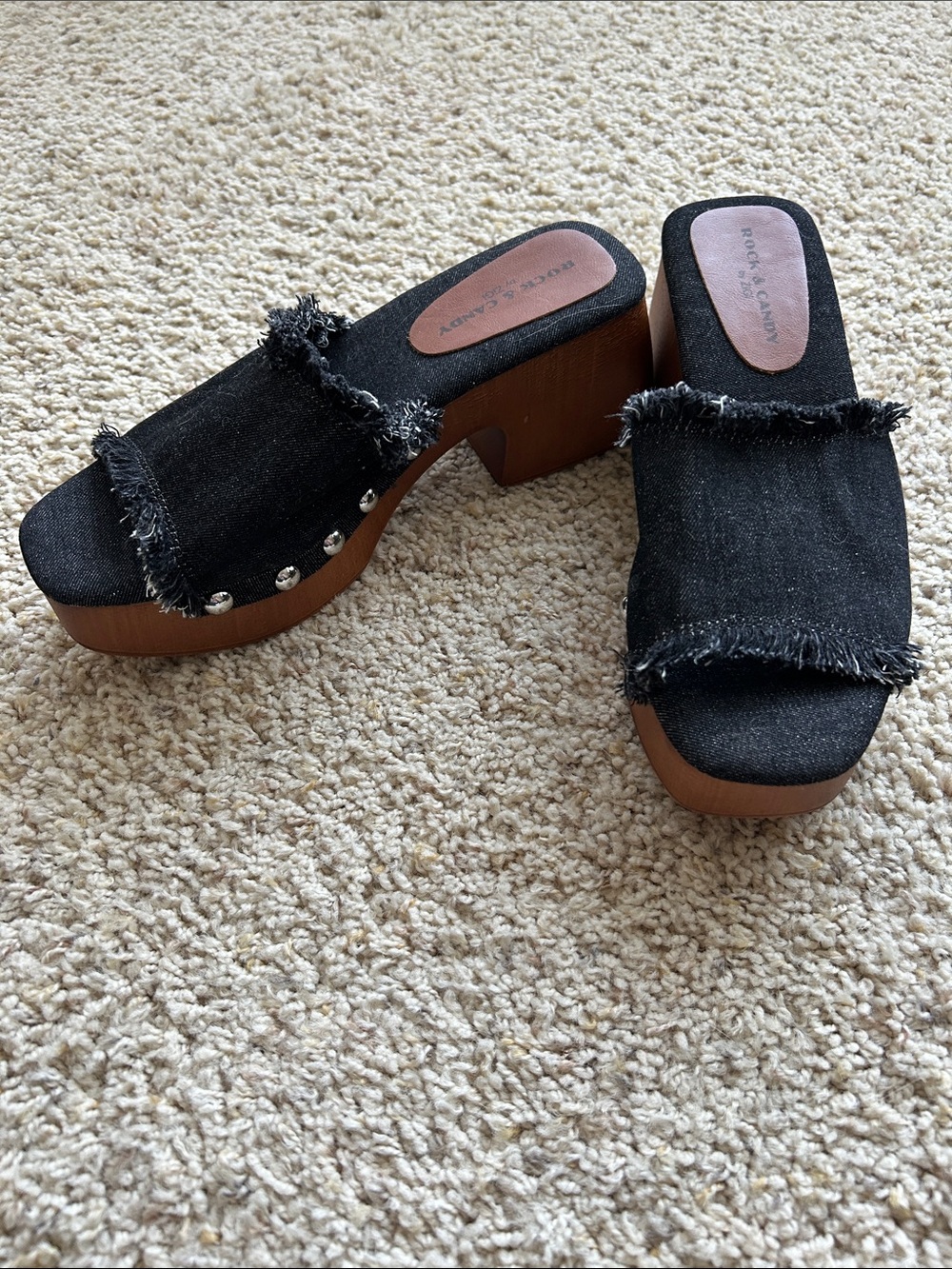 Rock & Candy Black Fringe Denim Platform Clog Mules